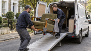 Möbelhelfer verladen einen gebrauchten Sessel in einen Kleintransporter