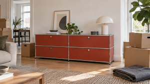 USM Haller Möbel stehen für den Umzug zwischen Umzugskisten im Wohnzimmer