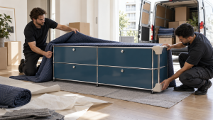 Möbelhelfer verpacken ein USM Haller Sideboard für den Umzug mit Schutzdecken